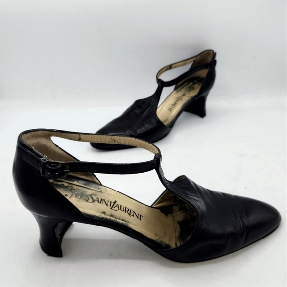 YVES SAINT LAURENT VINTAGE LEATHER T-STRAP ALMOND TOE MARY JANE SHOES BLACK 7.5 - Picture 3 of 15
